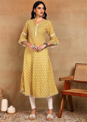 IKRASS Women Printed Anarkali Kurta(Yellow)