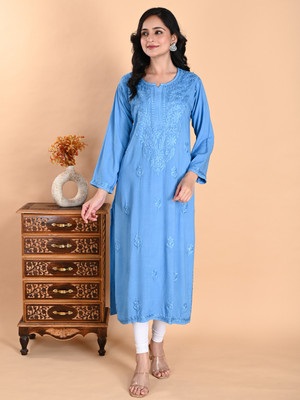 Nazaira Women Embroidered, Chikan Embroidery Straight Kurta(Blue)