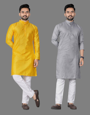 DHASU TRENDZ Men Self Design, Solid Straight Kurta(Yellow, Grey)