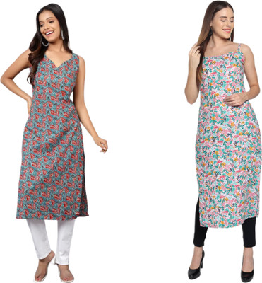 KAUTAQI Women Printed Straight Kurta(Multicolor)