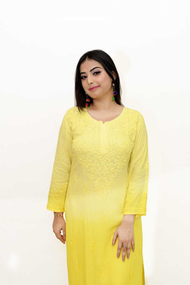Narayani Collections Women Chikan Embroidery Straight Kurta(Yellow)