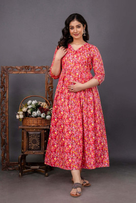 Silakiva Women Printed Flared Kurta(Pink)