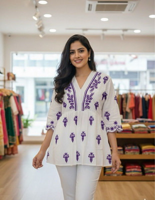 Modernvision Women Embroidered Tunic Kurta(White)