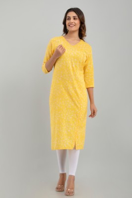 FrionKandy Women Printed A-line Kurta(Yellow)