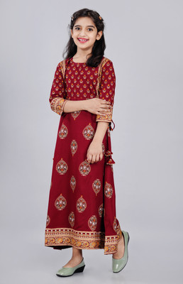 DMP EXPORT Girls Floral Print A-line Kurta(Maroon)