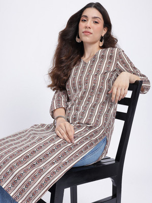 Anouk Rustic Women Striped Straight Kurta(White)