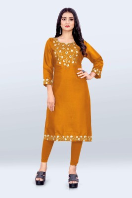 Shantuba textiles Women Embroidered A-line Kurta(Orange, White, Gold)