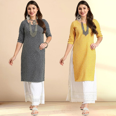 1 Stop Fashion Women Printed Straight Kurta(Black, Yellow)