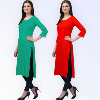 Coft Women Solid Straight Kurta(Green, Red)