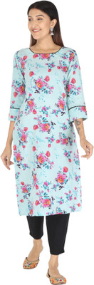 HouseOfCommon Women Floral Print Straight Kurta(Light Blue, Red)