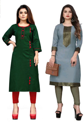 AAIKHODAL Women Applique Straight Kurta(Green, Grey)