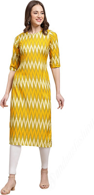 KAUTAQI Women Geometric Print Straight Kurta(Yellow, White)