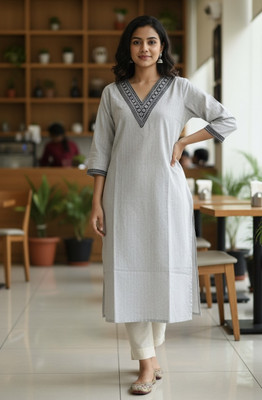 CLASSYSTREET Women Embroidered, Striped Straight Kurta(Grey)