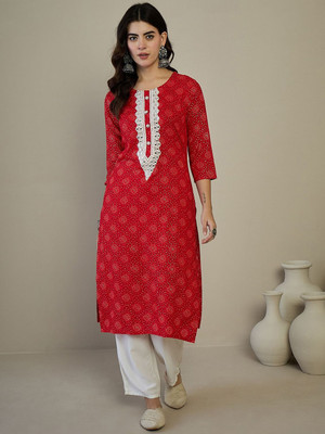 ANOUK Women Geometric Print Straight Kurta(Red)