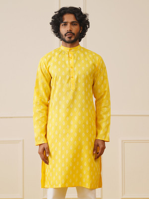 Jompers Men Printed Straight Kurta(Yellow)