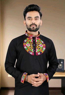 DIAMOND CLUSTER Men Embroidered Straight Kurta(Black)
