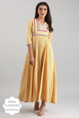 Aurelia Women Self Design Flared Kurta(Yellow)