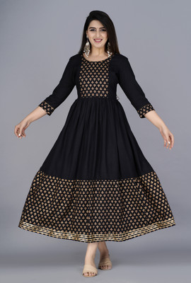 MANAV FASHIONS Women Printed Anarkali Kurta(Black)