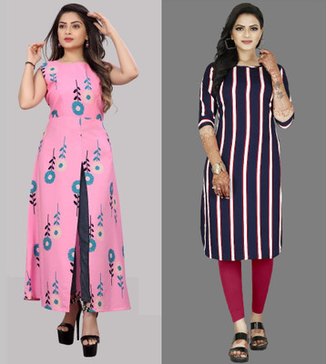 tanvi creation Women Striped Straight Kurta(Pink, Purple)