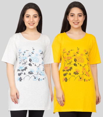 Pyro Spirit Women Printed Straight Kurta(Grey, Yellow)