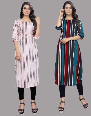 Hiral Creation Women Striped Straight Kurta(Green, Pink)