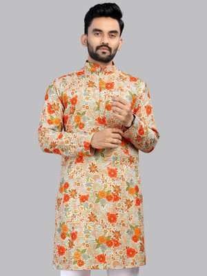 Svatantra Men Self Design Asymmetric Kurta(Orange)