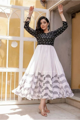 RV EXPO Women Block Print Anarkali Kurta(White)