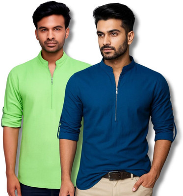 CROWNTAIL Men Solid Straight Kurta(Light Green, Dark Blue)