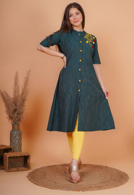 LOOMS21 Women Embroidered A-line Kurta(Dark Green)