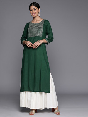 LIBAS Women Embroidered Straight Kurta(Green)