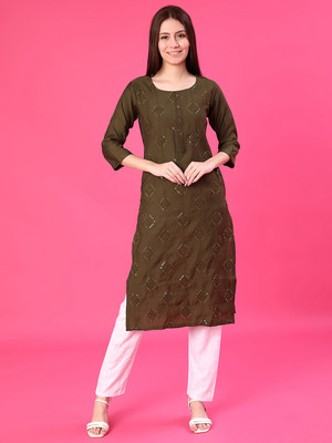 V-MART Women Embroidered A-line Kurta(Green)