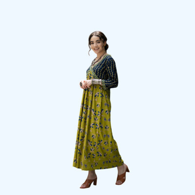 Jinendram Women Printed Flared Kurta(Pink)