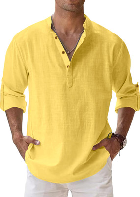 Fifth U Men Solid, Self Design Straight Kurta(Yellow)