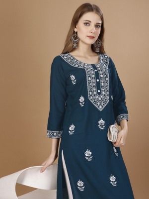 Vivisha Women Embroidered A-line Kurta(Blue)