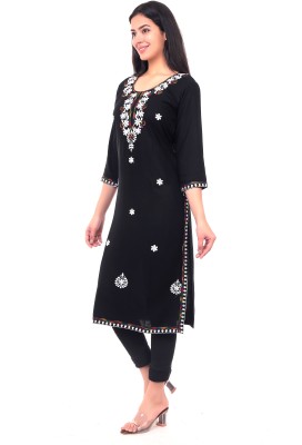 urban threads Women Embroidered A-line Kurta(Black)