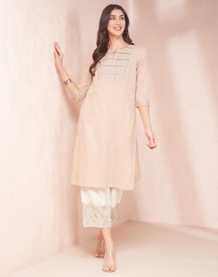 Fabindia Women Embroidered Straight Kurta(Beige)