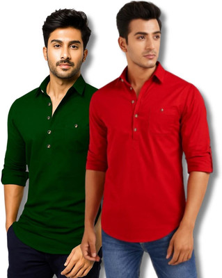 EchoWear Men Solid Straight Kurta(Green, Red)