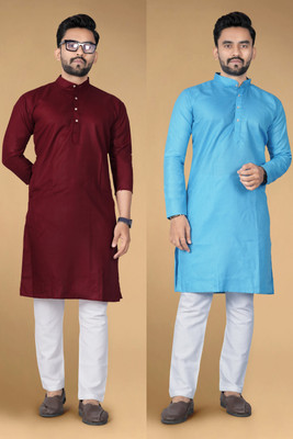 ETHNICSUTRA Men Solid Straight Kurta(Maroon, Light Blue)