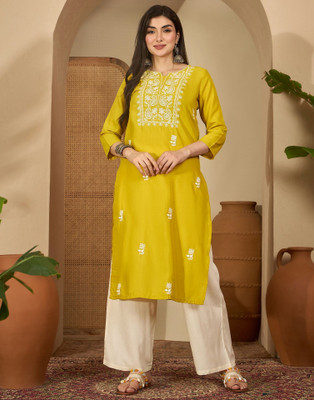 Skylee Women Embroidered Straight Kurta(Yellow)