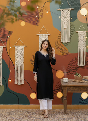 Sita Ramam Fashion Women Embroidered Straight Kurta(Black)