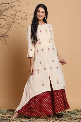 Juniper Women Printed Asymmetric Kurta(Beige)
