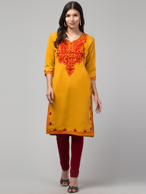 Trend Level Women Embroidered Straight Kurta(Yellow, Red)