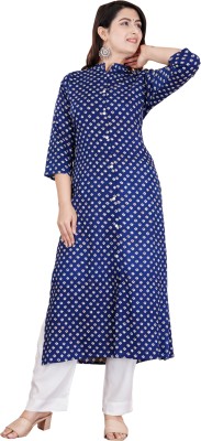 Gudwear Women Printed Straight Kurta(Blue, White)