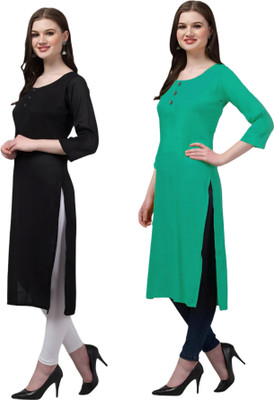 Coft Women Solid Straight Kurta(Black, Green)