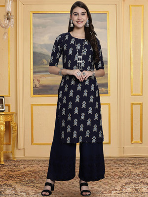 EthnicBasket Women Printed A-line Kurta(Blue)
