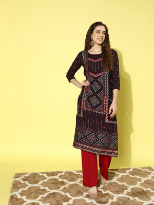 all about you Women Printed Straight Kurta(Brown)