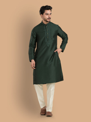 TRENDS OF ETHNIC Men Embroidered Straight Kurta(Dark Green)