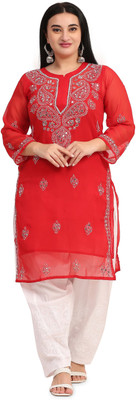 Handwork Chikankari Women Chikan Embroidery A-line Kurta(Red)