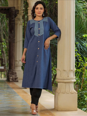 PERFECT PRODUCTIONS Women Washed A-line Kurta(Blue)