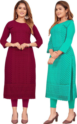 KAYRAAH Women Chikan Embroidery Straight Kurta(Light Green, Maroon)